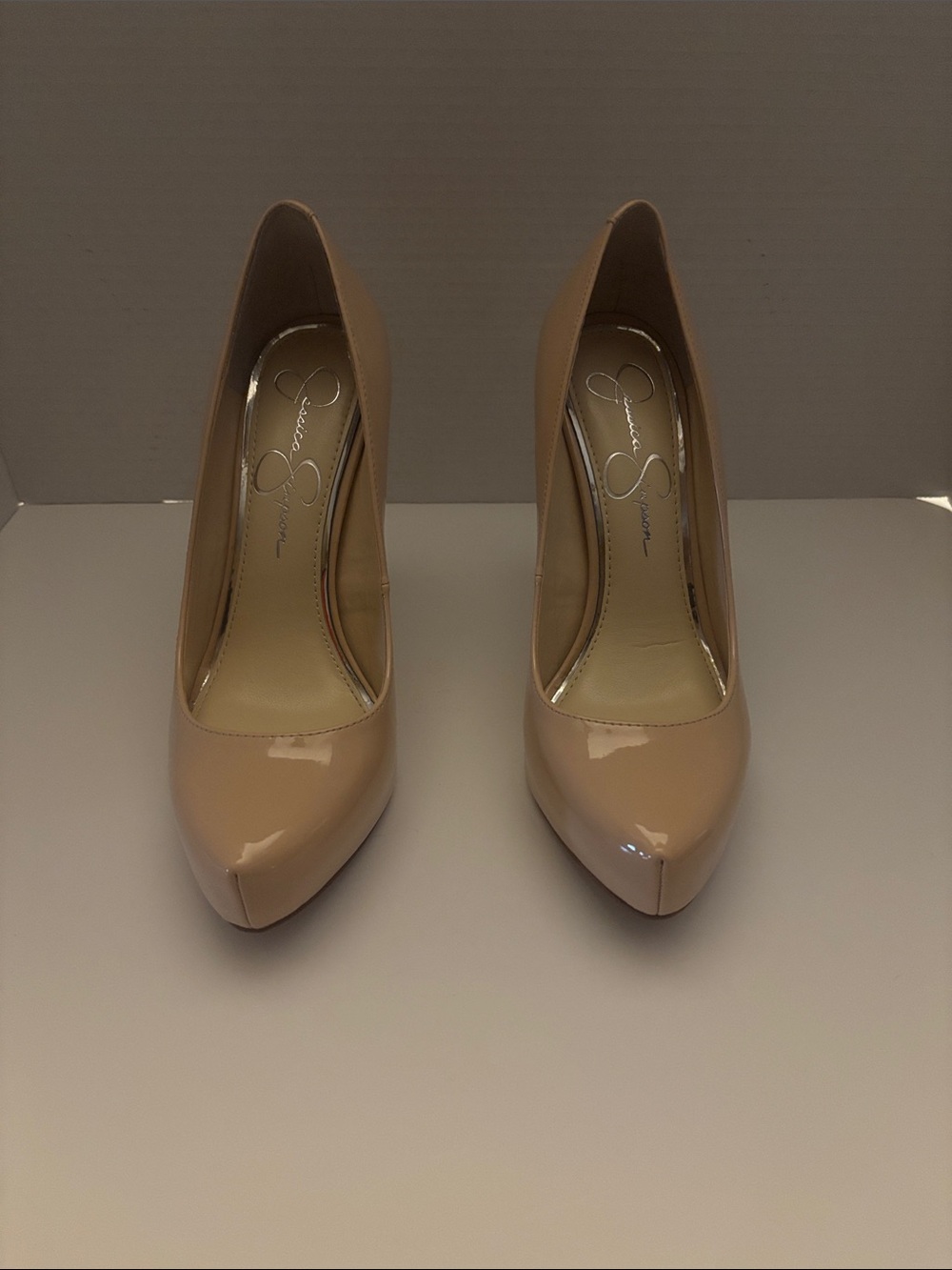 Jessica Simpson Beige Patent Pointed-Toe Pumps